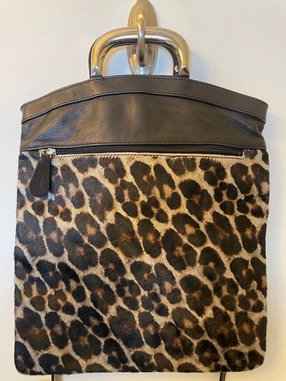 Vintage Maurizio Taiuti Foldover Leopard Calf Hair Bag with Black Leather Trim